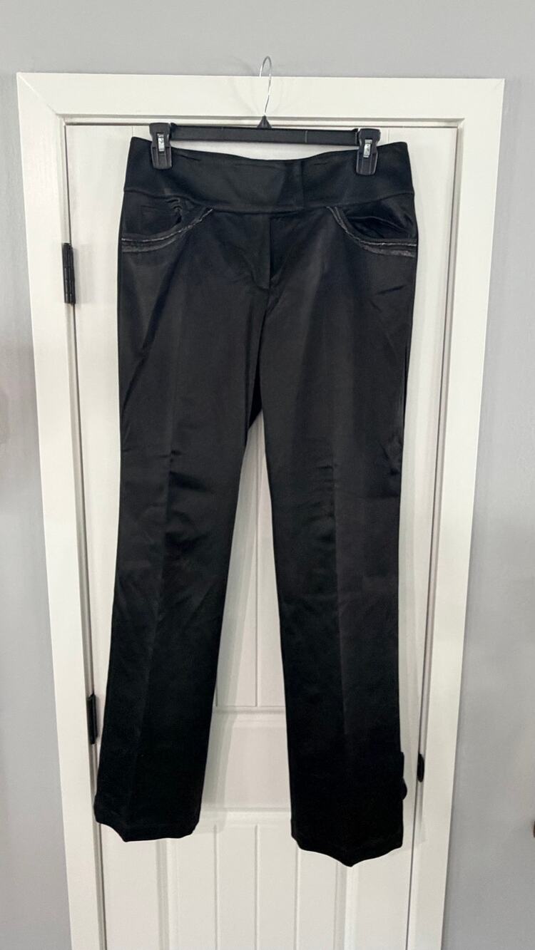 St John Evening Marie Gray Shiny Black DRESS PANTS Sz  14 High Waist Formal Wear